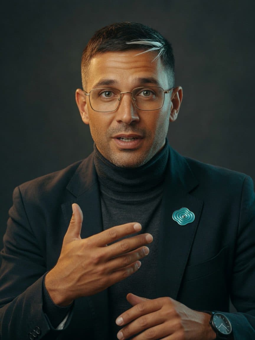 Elias Rhein in erklärender Geste, Talking-Head-Aufnahme